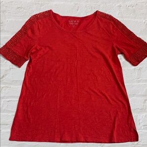 Loft Red Shirt Crochet Detail Women’s Small S Short Sleeve Blouse